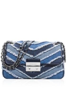 Michael Kors Distressed Denim Shoulder Bag with Silver Hardware